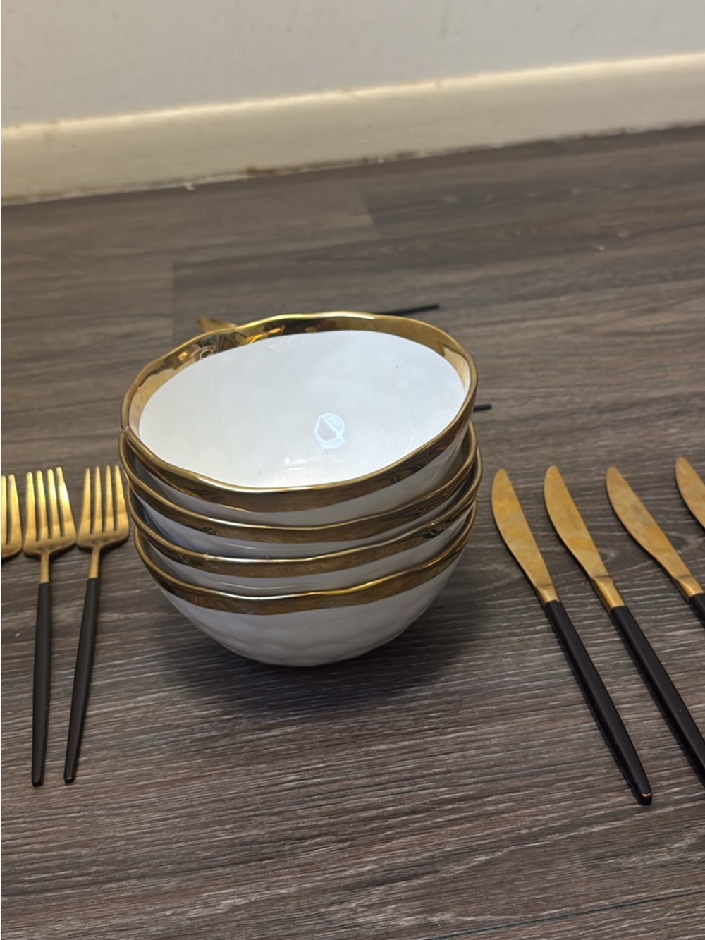 White Ceramic Bowls with Gold Rim - Set of 4